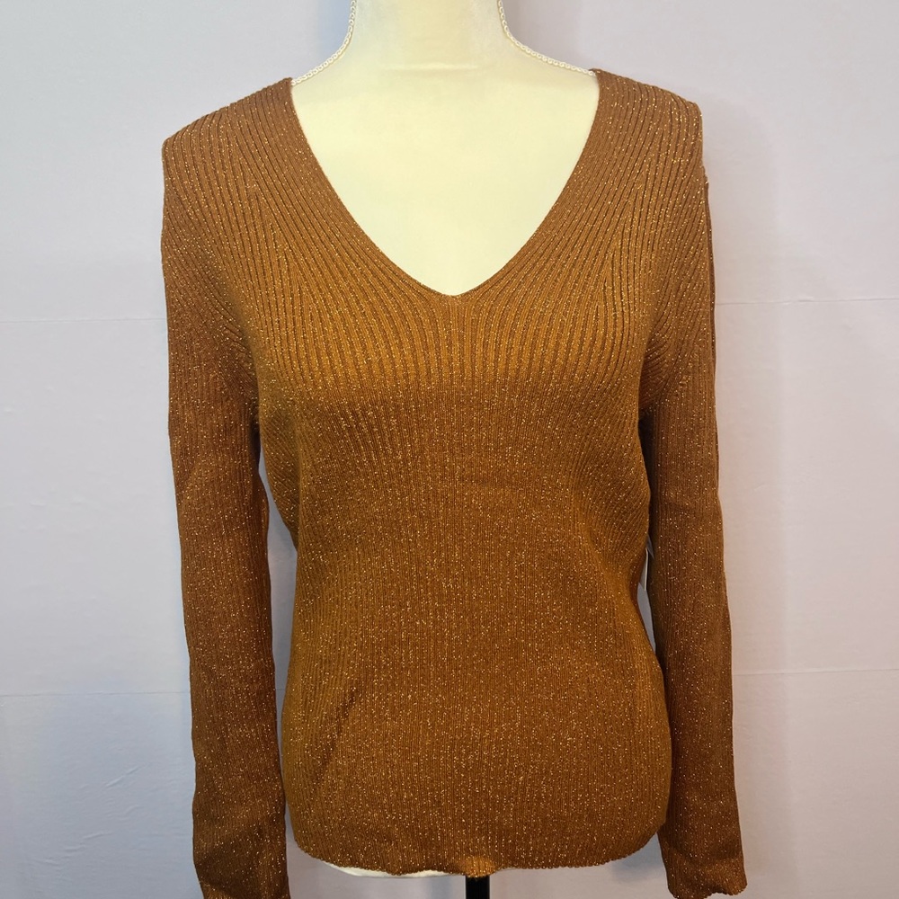 Nine West V-Neck Rust Sparkly Long Sleeve Fitted Top NWT Sz XXL